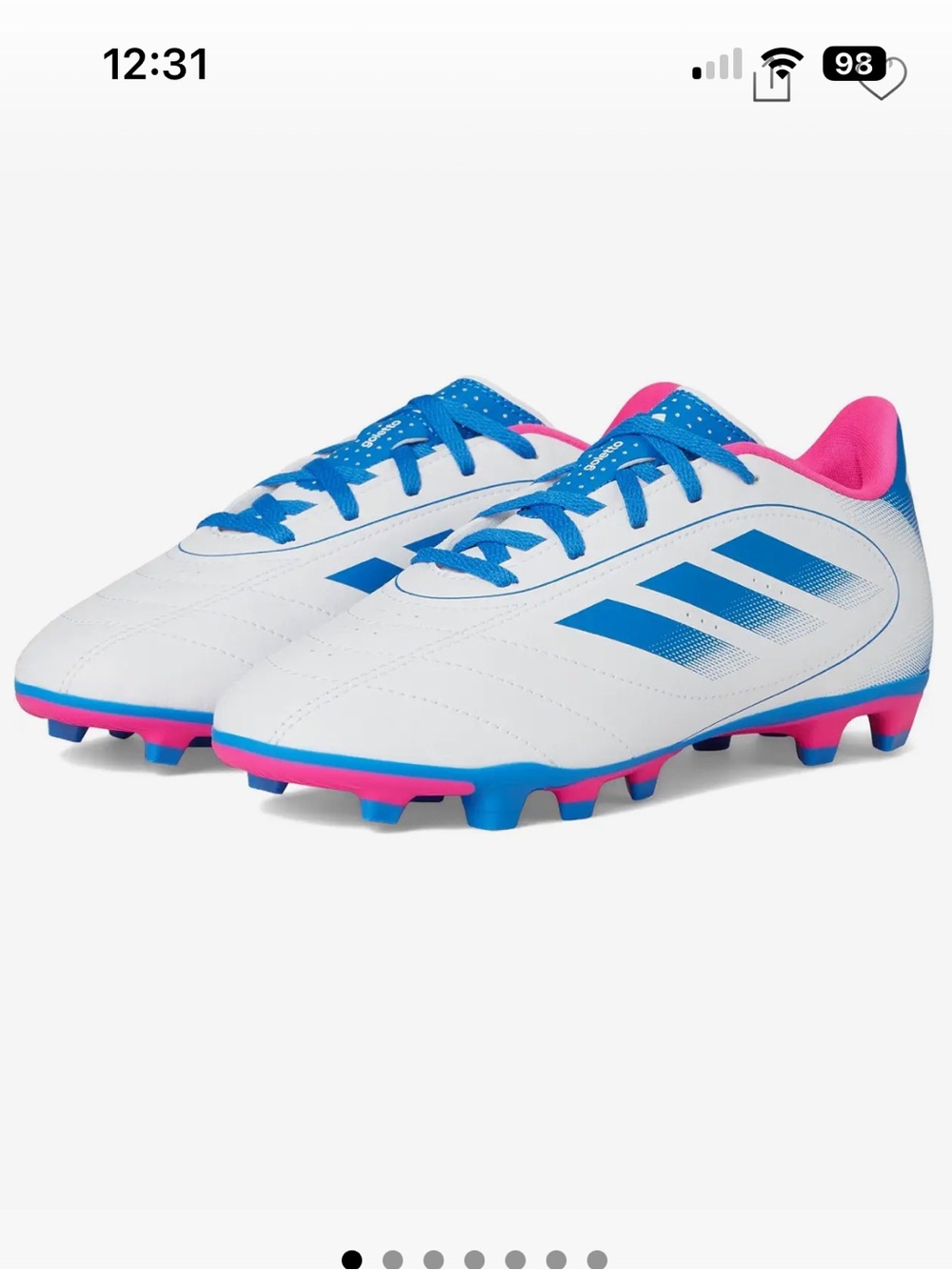 adidas Kids White cleats with Blue Stripes and Pink Pull Tabs